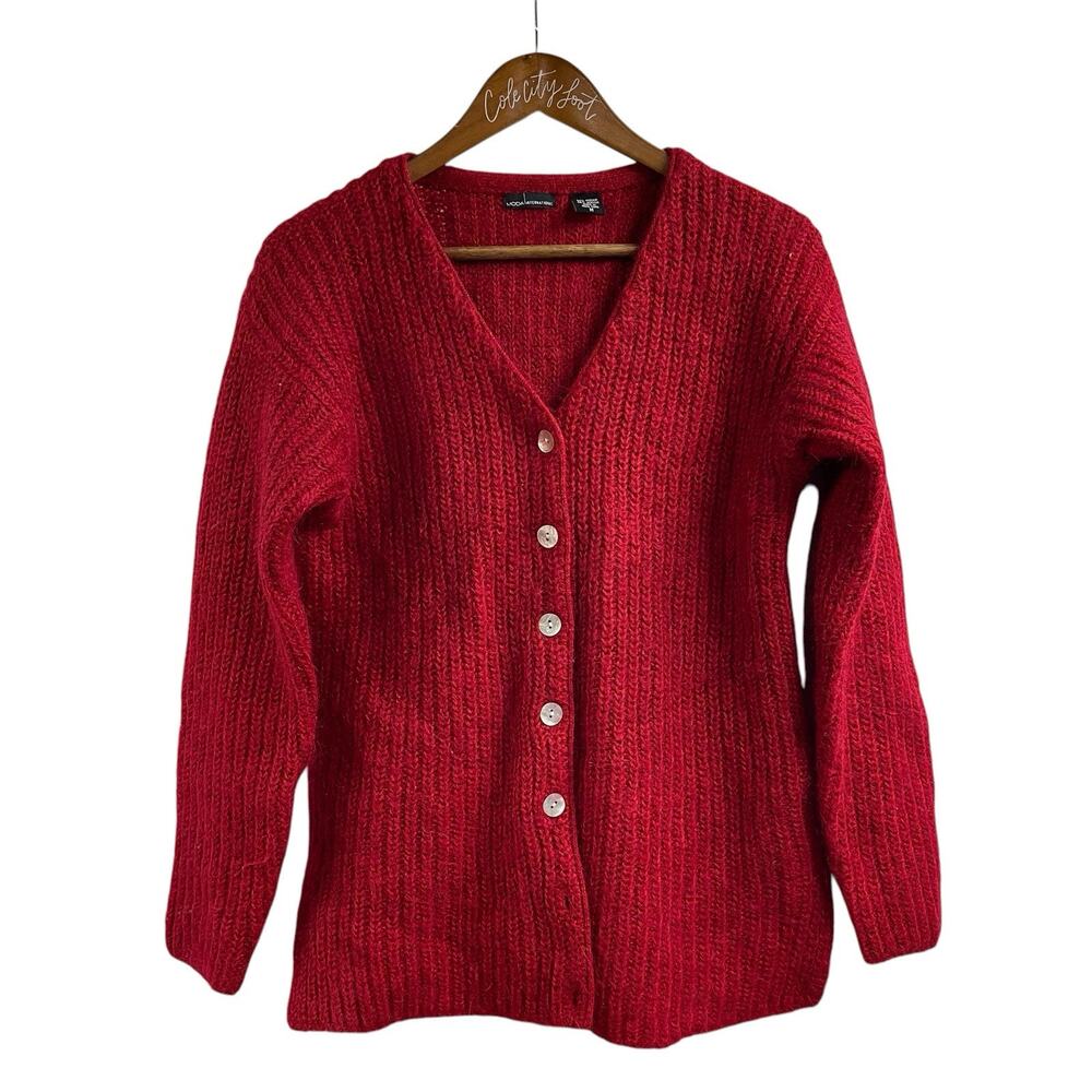 Moda International Red Mohair Blend Cardigan Sweater V Neck Medium Furry Fuzzy